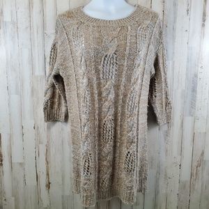 Caslon Womens Sweater S Tan Gold Chunky Open Knit 3/4 Sleeve V5